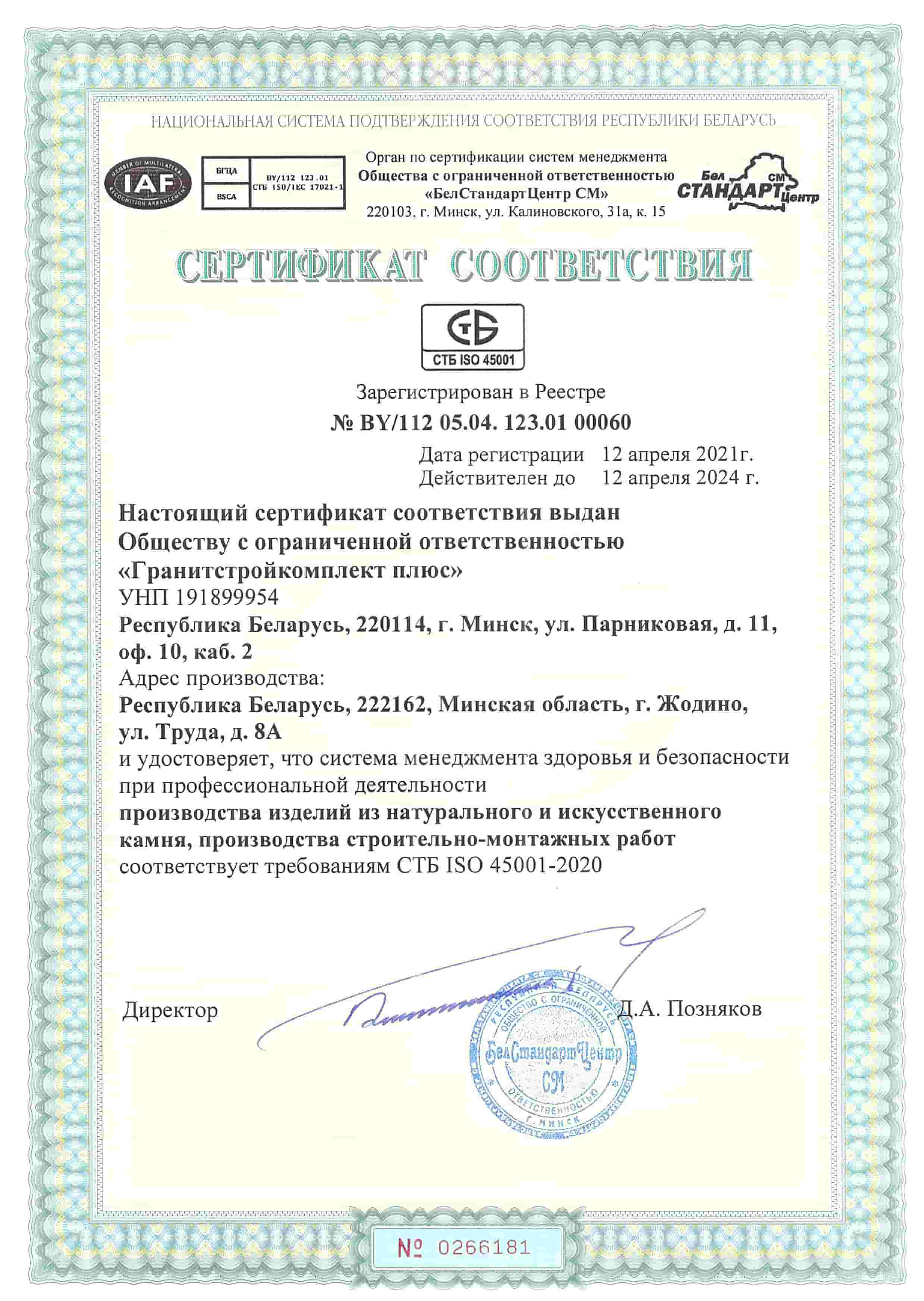 Сертификат системы менеджмента здоровья и безопасности